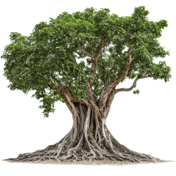 Majestic tree with vast roots and leaves png