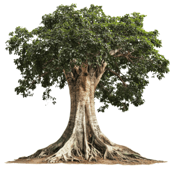 Large leafy tree with deep roots in sun png