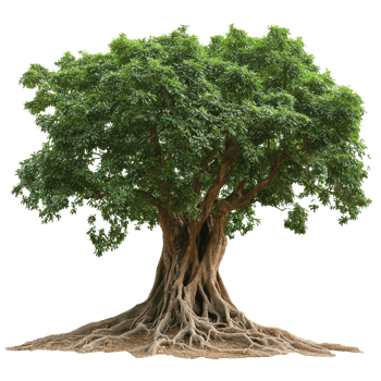 Tall tree with deep roots and green leaves png