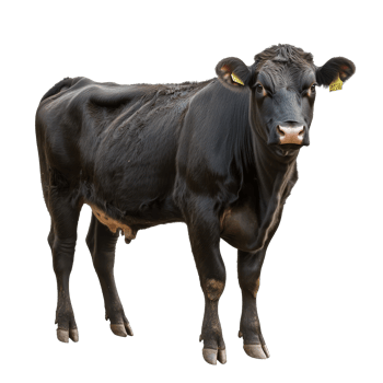 Black cow standing in a sunny countryside field png