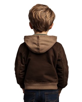 Child in a brown hoodie facing away from viewer png
