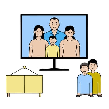 Individual with a living room TV and family members overlay symbolizing American family entertainment in double exposure with copy space. concept as An individua vector