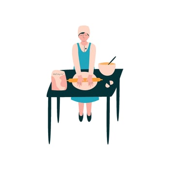 Female Cook Rolling Dough on Table, Professional Baker Character in Uniform Cooking on Kitchen Illustration vector