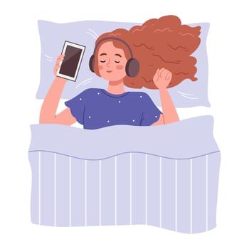 The girl sleeps in bed and listens to music through headphones.Healthy sleep, relaxation, restore energy concept. vector