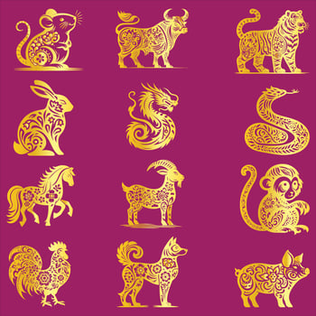 12 Year Cycle Animals Symbol Chinese Zodiac Sign. Twelve Asian New Year Golden Color Set Isolated vector