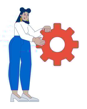 Latin american businesswoman holding gear 2D cartoon character. Hispanic woman with overweight showing cogwheel isolated person flat on white background. Spot illustration colorful vector