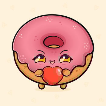 Cute funny pink Donut with heart in hand. hand drawn cartoon kawaii character illustration icon. Isolated on light background. Donut character concept vector
