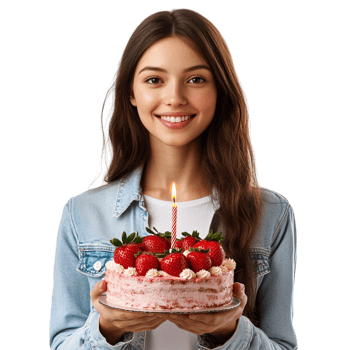 A young woman holding a strawberry cake with a candle png