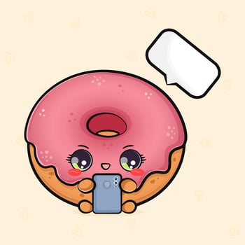 Pink Donut with a smartphone in hand. hand drawn cartoon kawaii character illustration icon. Isolated on light green background. Pink Donut character concept vector