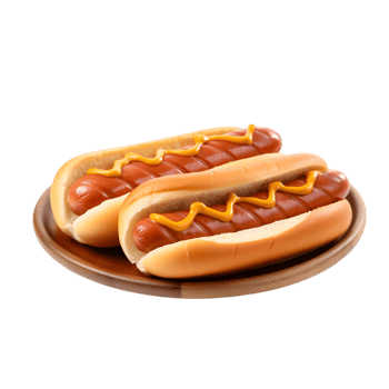 Two Delicious Hot Dogs with Mustard on a Wooden png