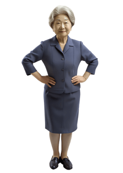 An elderly businesswoman. She has her hands on her hips, In a blue dress png