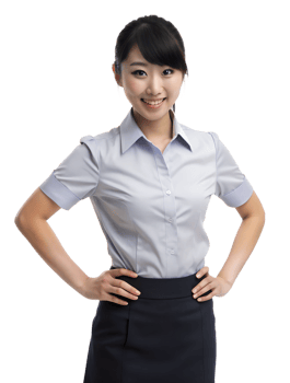An Asian young woman, wearing a white shirt and a black skirt, smiling and looking directly at the camera. She put her hands on her hips png