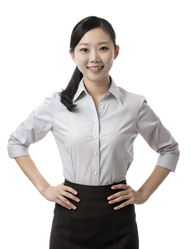 front view, An Asian young woman, wearing a white shirt and a black skirt, smiling and looking directly at the camera. She put her hands on her hips png