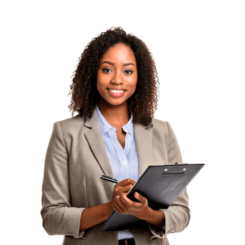 a woman is holding a notebook and a pen. png