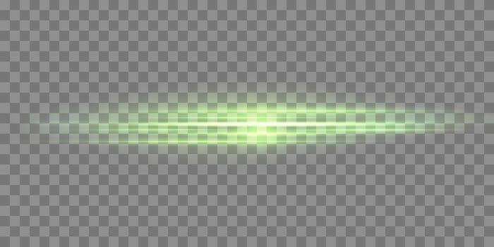 Green horizontal lensflare. Light flash with rays or green spotlight. Glow flare light effect. vector