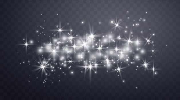 Silver magic sparks and dust stars. Glittering dots, particles, sparkles. Glow flare light effect. Silver luminous points. vector