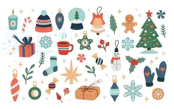 Christmas elements set. Cute Christmas winter decoration collection. illustration with fir, gifts, cookies. Cute Christmas winter decoration collection. Flat design, cartoon style. vector