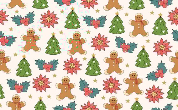 Funny Christmas seamless pattern in trendy Groovy Retro 70s y2k style. Retro style cartoon character. Cute Tree, Gingerbread, Poinsettia. illustration vector