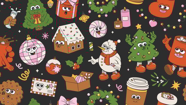 Merry Christmas and Happy New Year seamless pattern. Pin tree, wreath, garland, gifts, balls, Santa Claus, confetti of trendy retro mascot style. Happy groovy cartoon elements vector