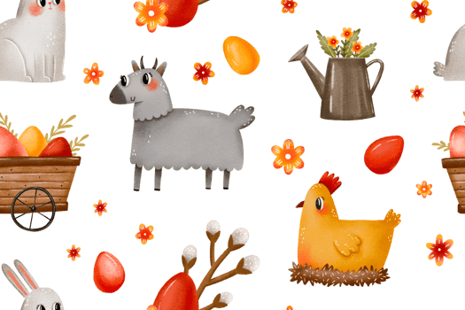 Easter animals seamless pattern. Farm cattle, goat, chicken, bantam, chicken and wooden cart with eggs. Easter spring hand drawn background png