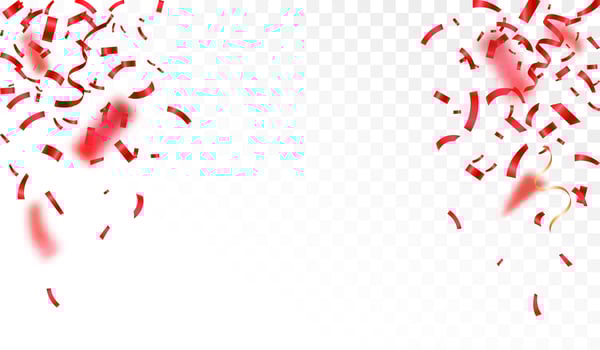 Confetti explosion on white. Shiny red confetti isolated. Ribbons. Defocused elements. Party, birthday, Holiday banner template. vector