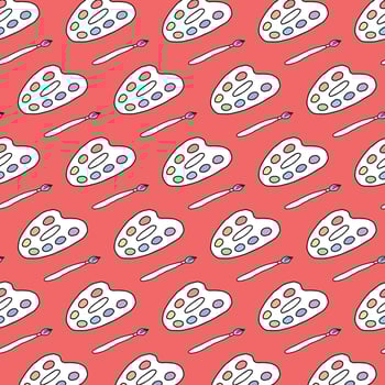 Seamless pattern of colorful artist palettes and brushes on red background. Concept of creative tools, art supplies, decorative design, painting essentials. Wallpaper, Print, Textile, Stationery vector