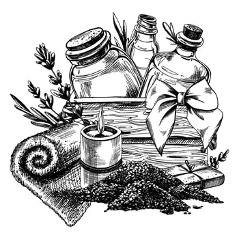 Glass jars, spa candles, sea salt for bath, towel, soap with lavender flowers. Graphic illustration line art hand drawn in black and white monochrome. Composition, arrangement, sublimation vector
