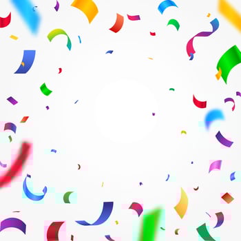 Colorful confetti abstract pattern border frame. Many falling colorful tiny confetti and ribbon on white. Carnival festivity, confetti, vector