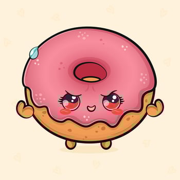 Cute funny pink Donut strong. hand drawn cartoon kawaii character illustration icon. Isolated on light background. Pink Donut shows muscles character concept vector