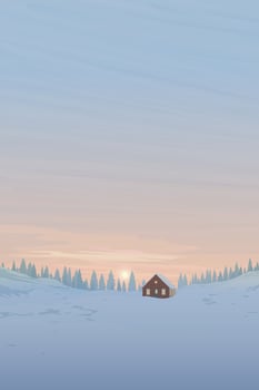 Winter landscape sunset with lonely country house covered by snow have silhouette pine forest and vanilla sky vertical background graphic illustration. vector