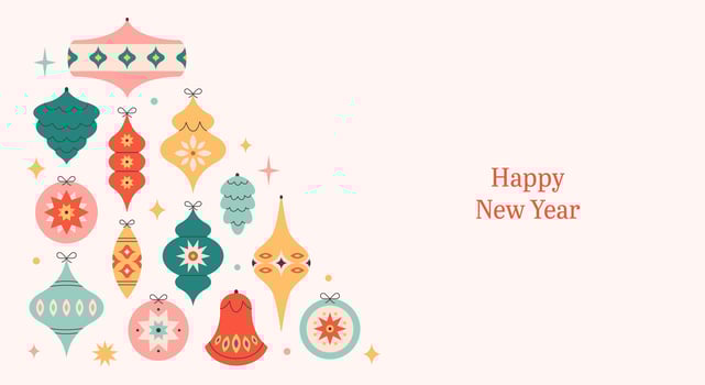 Happy New Year background with Christmas tree toys. Colorful bright Christmas balls vector