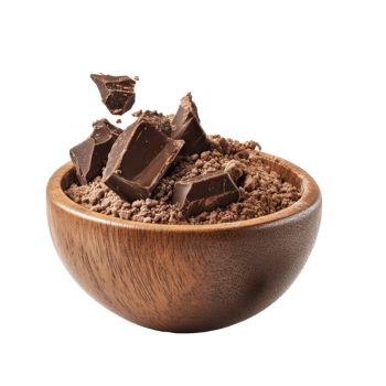 Chocolate pieces and cocoa powder in a wooden bowl png