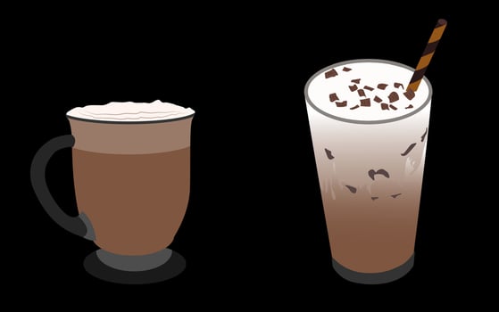 hot chocolate with cream and chocolate ice with chocolate sprinkles. happy, relaxed. black background vector