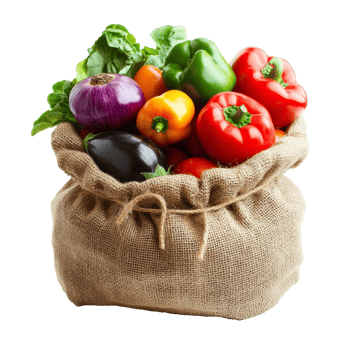 Veggies in burlap sack, ready to cook png