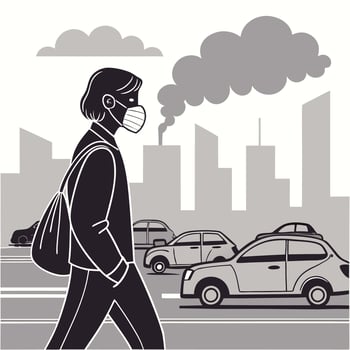 Side View of a Person Wearing a Face Mask While Walking. vector