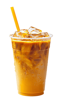 Iced coffee with a vibrant orange straw png