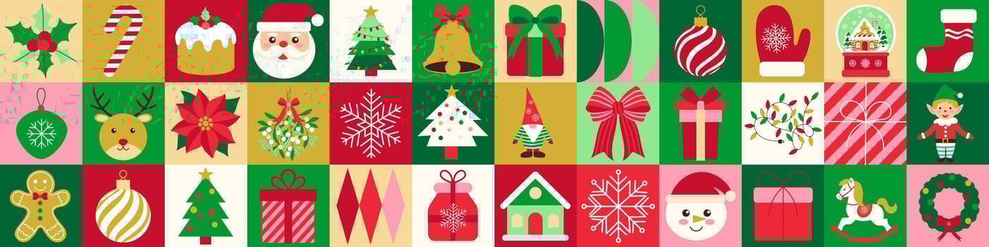 A colorful Christmas themed image with various decorations such as a Santa Claus, a Christmas tree, and a gingerbread man vector