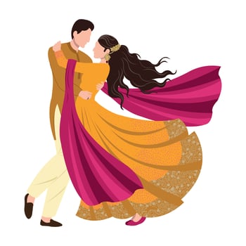 indian or hindu bride and groom couple illustration for wedding haldi mehndi ceremony and wedding invitation cards vector