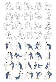 Sketch professional judokas silhouettes in training. Judo athletes colored. Sports collection. Fighters. Martial arts vector