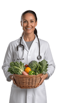 Health professional holding a basket of fresh vegetables on transparent background png