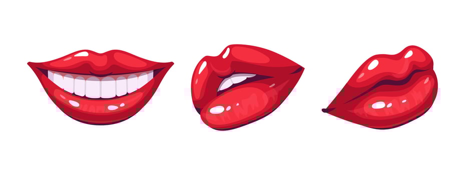 Set of female lips gloss red lipstick. Fashion Illustration Woman Mouth. Gestures Collection Expressing Emotions vector