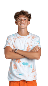 Smiling young man with crossed arms wearing colorful shirt on transparent background png