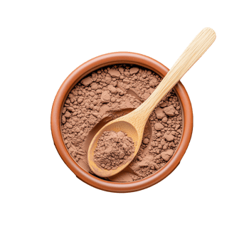 Cocoa powder in a bowl with wooden spoon on transparent background png