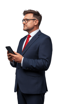 Businessman in suit holding smartphone on transparent background png