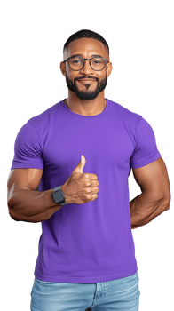 Confident man giving thumbs up in purple shirt on transparent background png