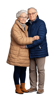 Elderly couple embracing in warm winter coats on transparent background png