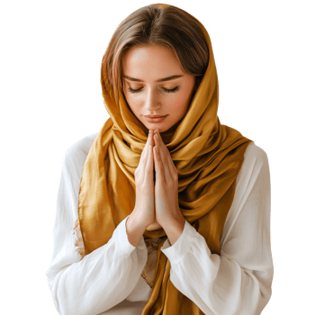 Woman in golden scarf with hands clasped in prayer png