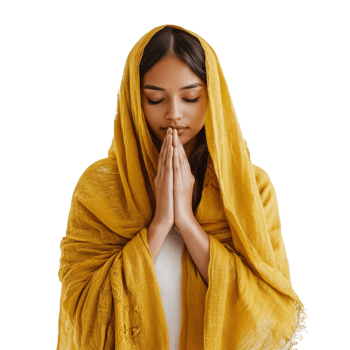 Woman in yellow shawl meditating indoors png