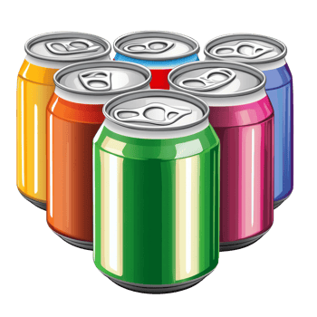 Colorful collection of soda cans on display png