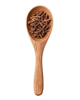 Wooden spoon filled with whole cloves spice on transparent background png